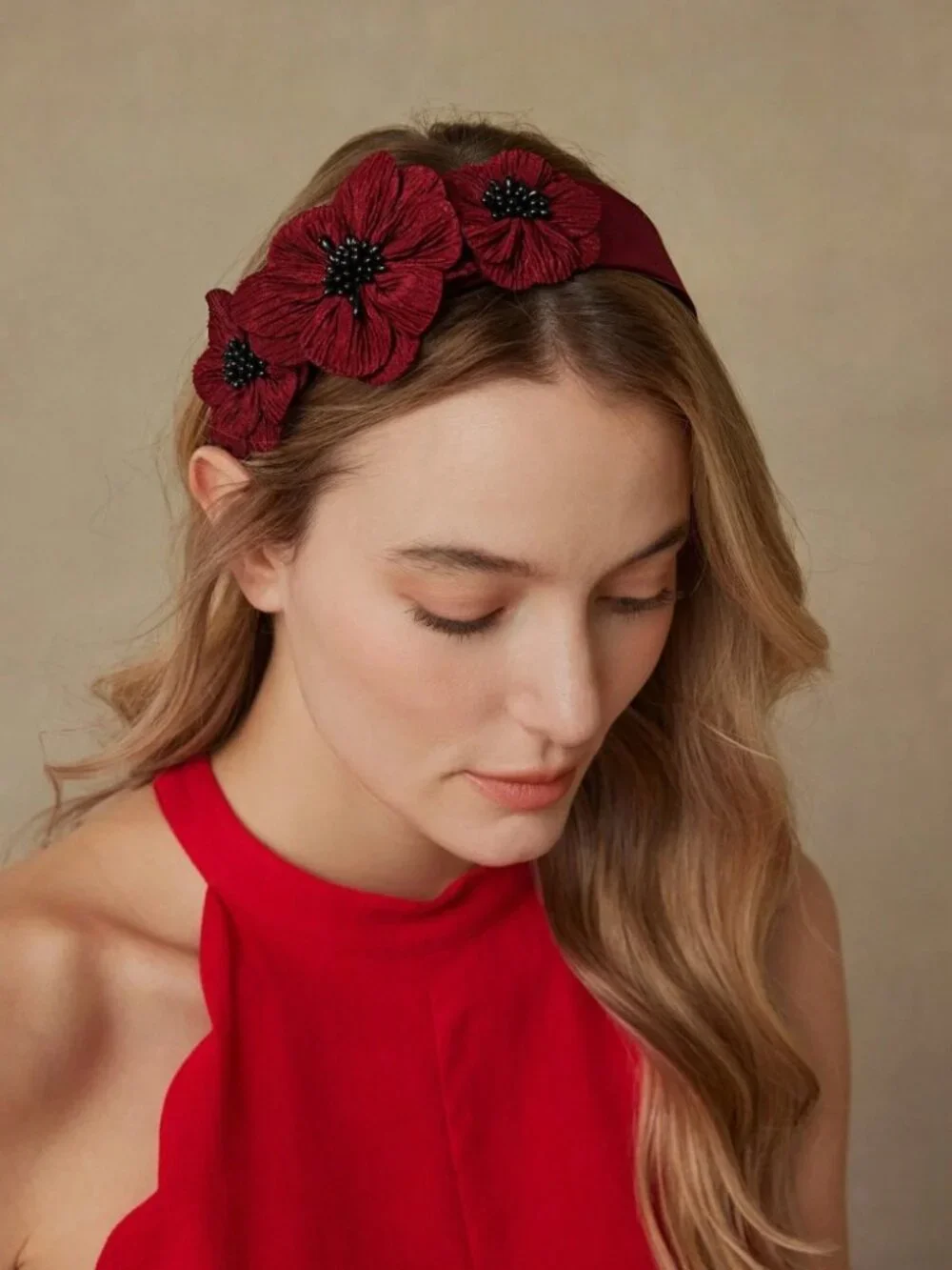 Burgundy Floral Headband with Black Beaded Centers